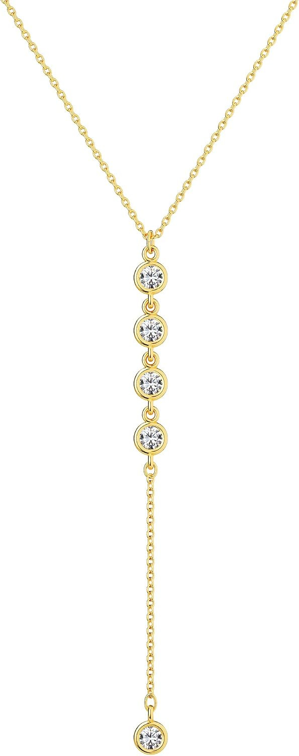 Foxgirl Lariat Gold Necklace for Women, Dainty Long Necklace 14k Gold Plated/Silver Y-Shaped Pendant Necklace Trendy Layered Cz Beaded Chain Drop Necklaces Simple Gold Jewelry For Women Gift | Amazon (US)
