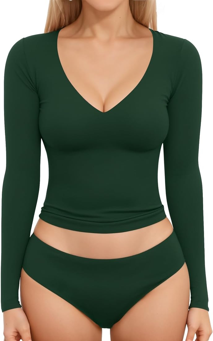 MANGOPOP Women's Double Lined Short Long Sleeve Tops V Neck T Shirts Fitted Basic Tee | Amazon (US)