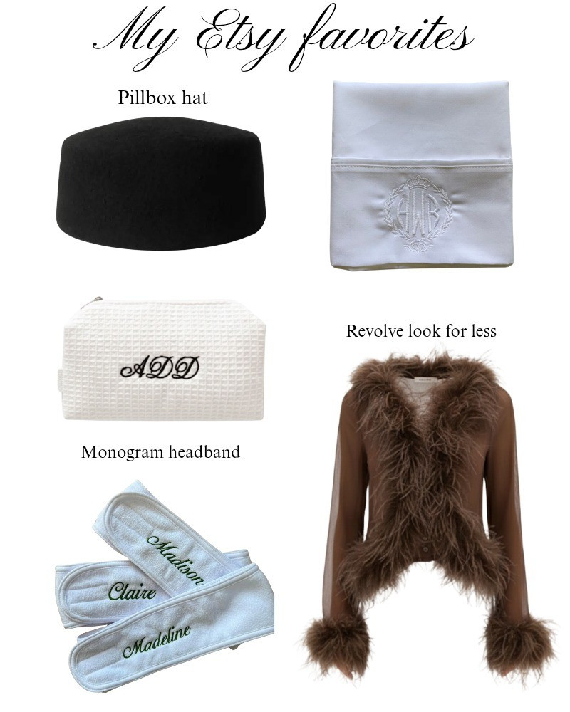 My Etsy favorites! Monogram pillow cases, revolve ostrich feather top look for less, pill box hat, monogram pillowcase, makeup bag, headband, gift ideas, beauty, white, luxury.

#LTKselfcare #LTKHome #LTKGiftGuide