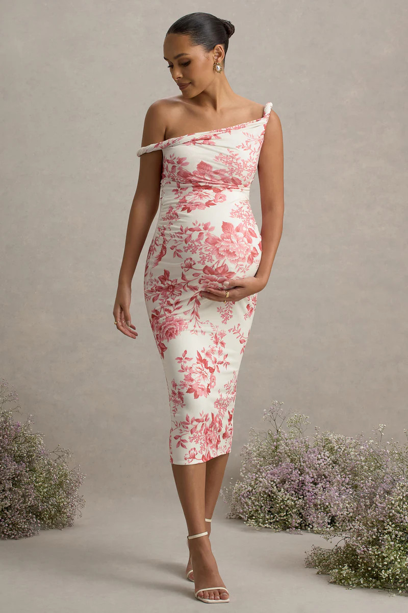 Salome  Pink Floral Print Twisted Asymmetric Maternity Midi Dress | Club L London