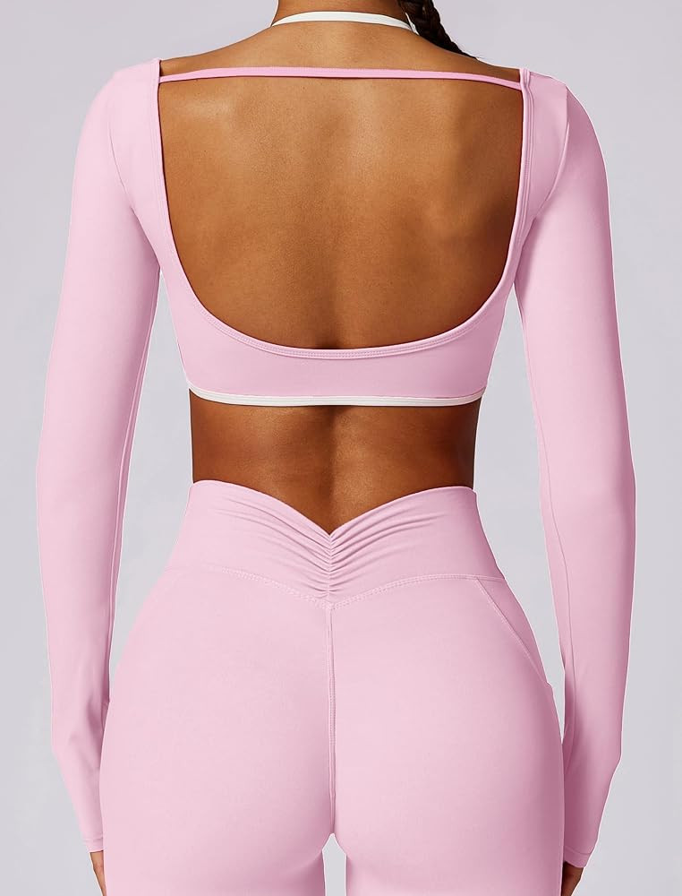 ABOCIW Long Sleeve Workout Tops for Women with Built in Bra Halter Open Back Croped Gym Top Yoga ... | Amazon (US)