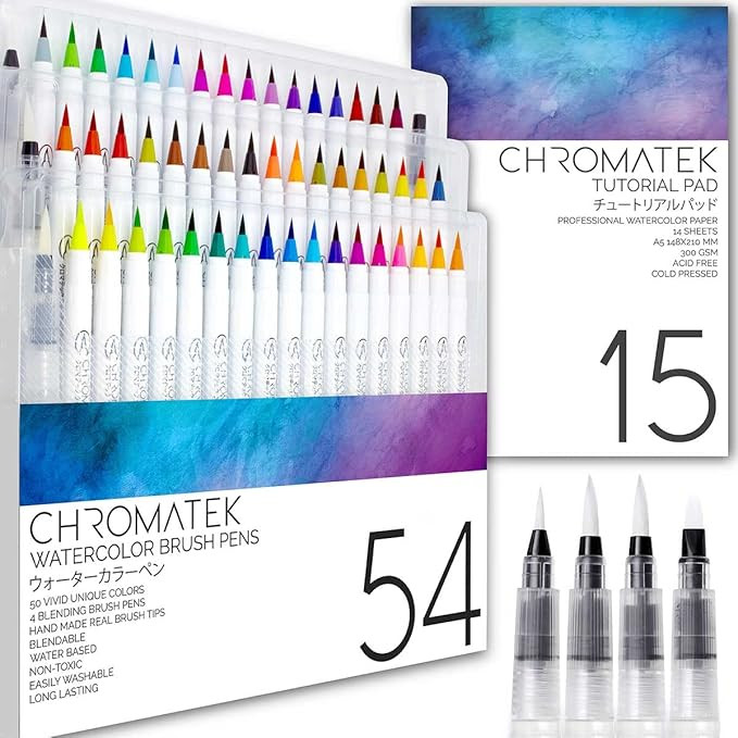 CHROMATEK 54 Watercolor Pens Set | Including 15 Page Pad & Online Video Tutorial Series | 4 Aquap... | Amazon (US)