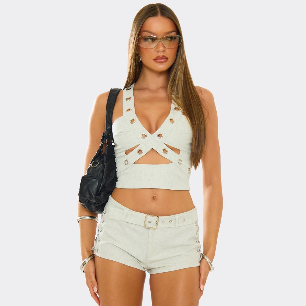 V Neck Eyelet Cut Out Detail Top In Grey | EGO (UK)