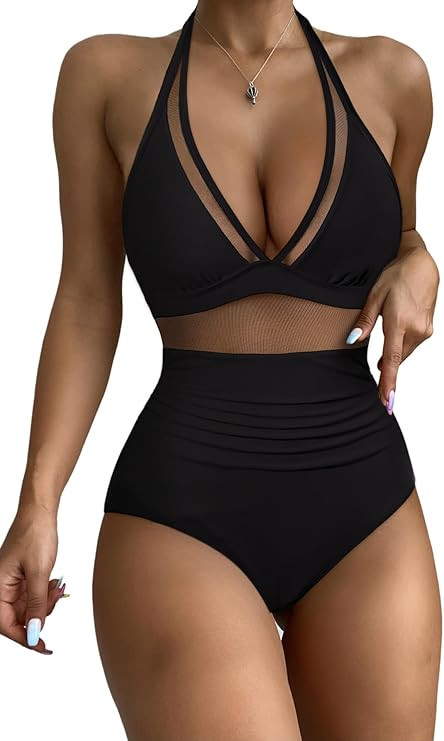 RXRXCOCO Women Sexy V Neck Mesh One Piece Bathing Suit Halter Push Up Tummy Control Swimsuit Swim... | Amazon (US)