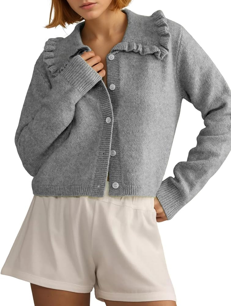 Arssm Womens Ruffle Collar Cardigan Cropped Button Down Open Front Sweaters Knitted Long Sleeve F... | Amazon (US)