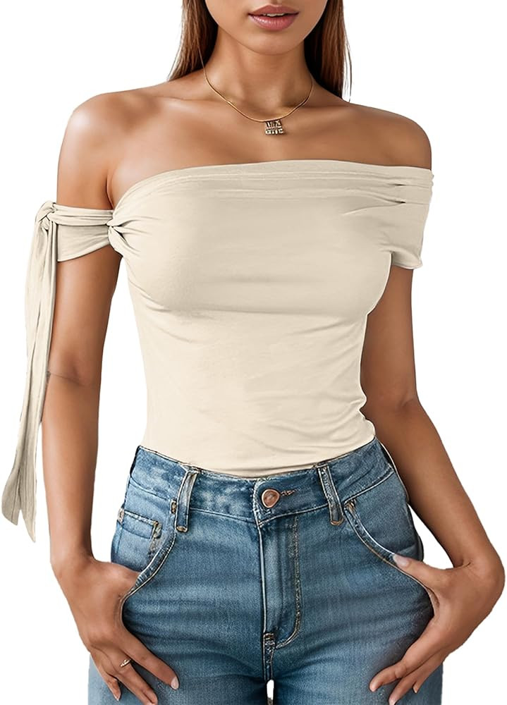 One Off The Shoulder Tops for Women Going Out Slim Fit Sexy Tie Solid Ruched Y2K Summer Tops | Amazon (US)