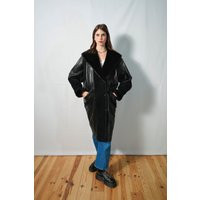 Rare Piece I Vintage Long Black Coat With Inserts Imitation Leather Made in France Size 38/40 | Etsy (US)