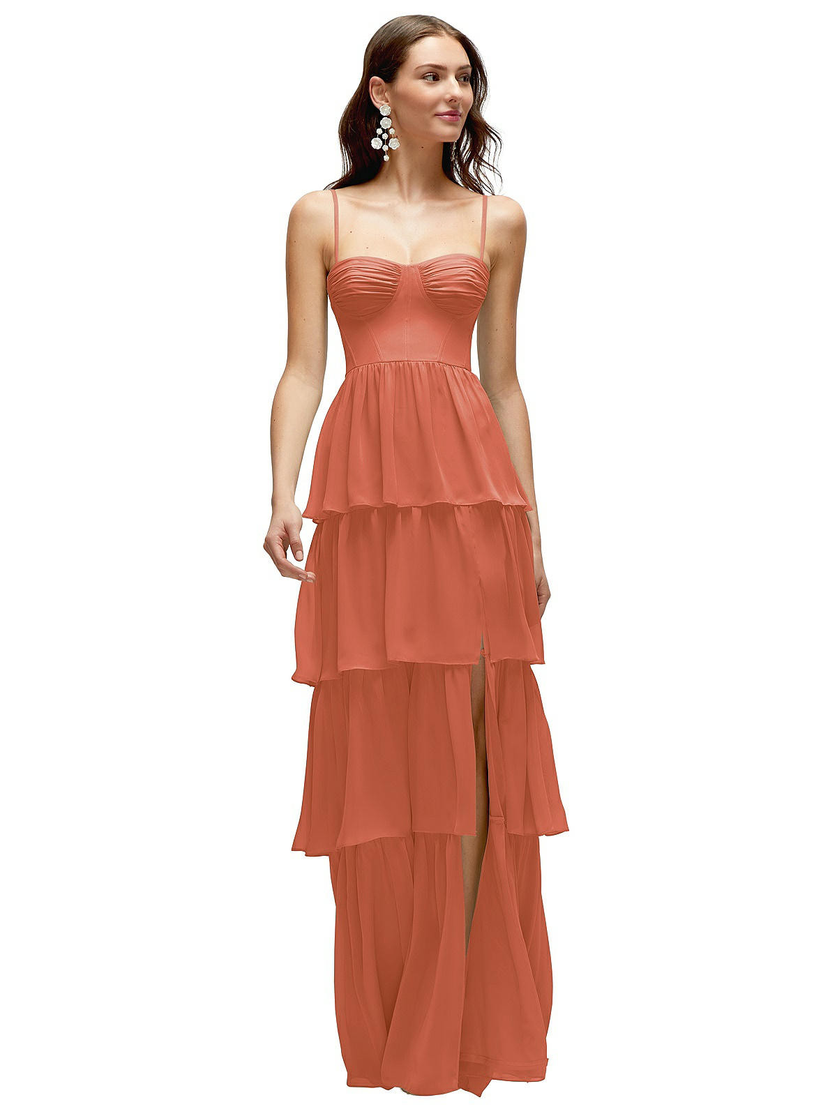 Bustier-Style Chiffon Tiered Ruffle Maxi Dress with Adjustable Straps in Terracotta Copper | Dessy Group