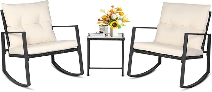 SUNCROWN 3 Piece Outdoor Rocking Bistro Set Black Wicker Furniture Porch Chairs Conversation Sets... | Amazon (US)
