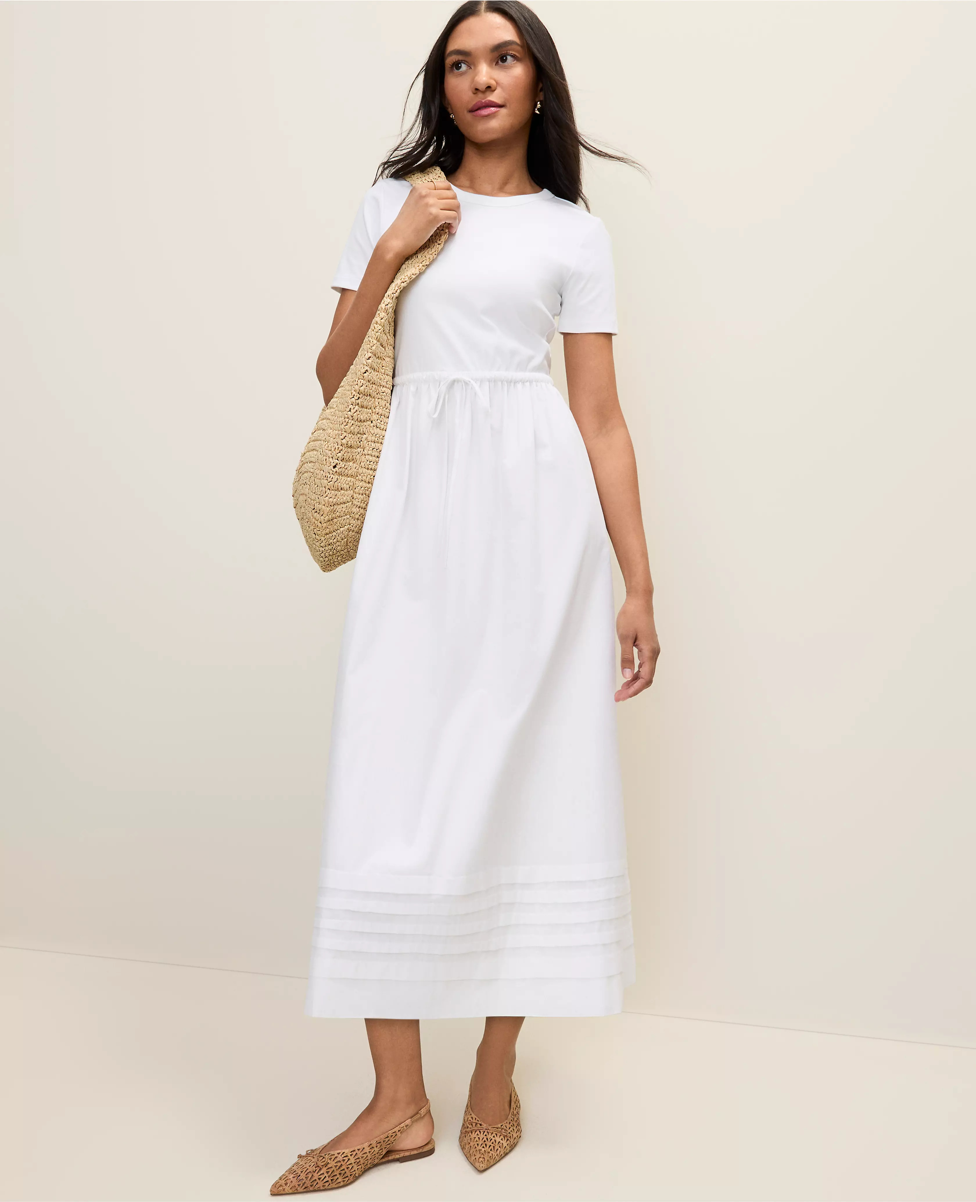 Weekend Mixed Media Crew Neck Midi Dress | Ann Taylor