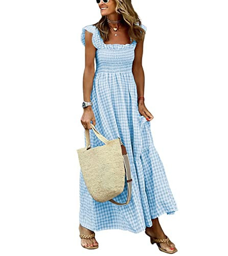 chouyatou Women's Retro Plaid Smocked Dress Spaghetti Strap Flounce Long Dress (X-Small, Sky Blue) | Amazon (US)