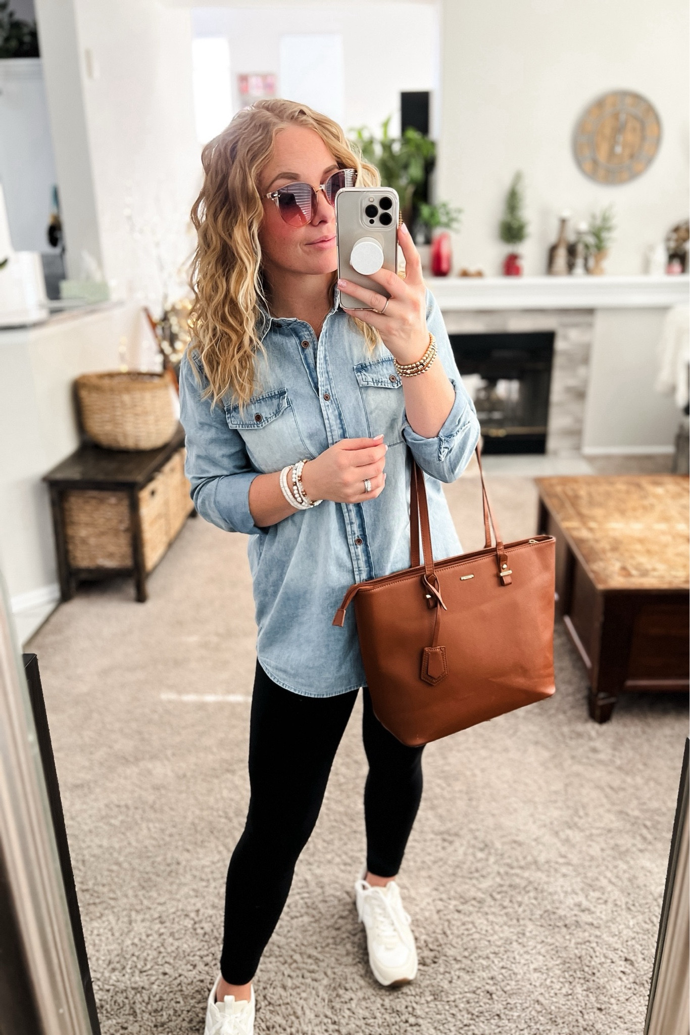 Casual outfit idea with a chambray button down shirt, brown tote bag, leggings and sneakers. Everything fits TTS. I size up to a medium in button downs for a longer, looser fit. 

// Summer outfits 2024, Memorial Day sale, mom outfit ideas, summer outfit amazon, Amazon outfit ideas, casual outfit ideas, spring outfit inspo, casual fashion, amazon summer fashion, amazon casual outfit, cute casual outfit, outfit inspo, outfits amazon, outfit ideas, amazon shoes, Amazon bag, purse, size 4-6, casual summer outfits, casual outfit ideas everyday, summer fashion #ltkfindsunder100 #ltksalealert

#LTKItBag #LTKStyleTip #LTKFindsUnder50