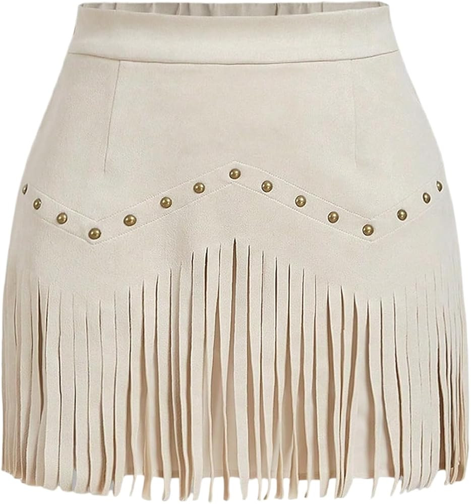 SHENHE Women's Plus Size Faux Suede Fringe High Waisted Rivet Studded Western Hippie Skirt | Amazon (US)