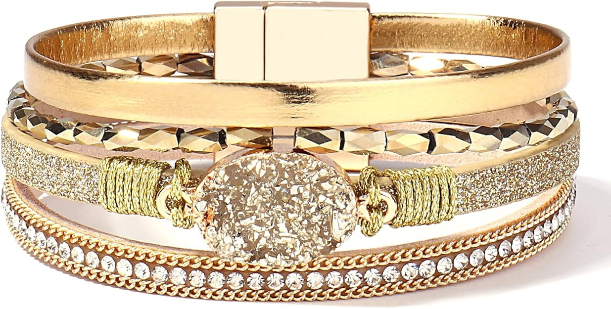 FANCY SHINY Boho Leather Wrap Bracelets Bohemian Crystal Bracelets Trendy Layered Bracelet with M... | Amazon (US)