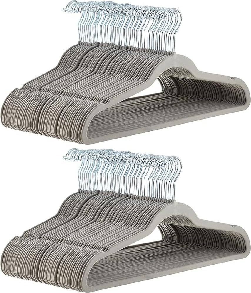 Amazon Basics Slim, Velvet, Non-Slip Suit Clothes Hangers, Gray/Silver - Pack of 100 | Amazon (US)