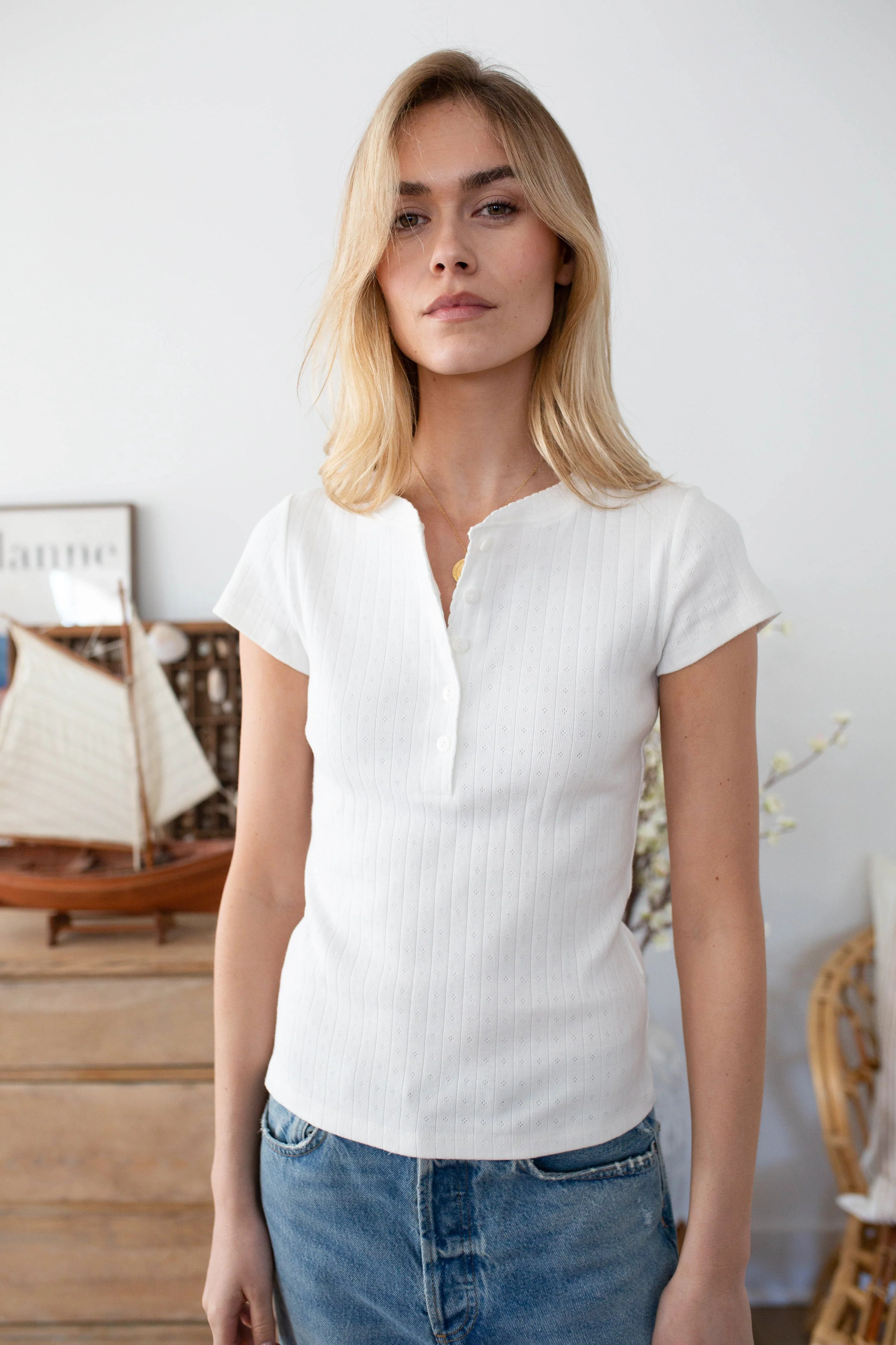 Pointelle Short Sleeve Henley - White | Marea
