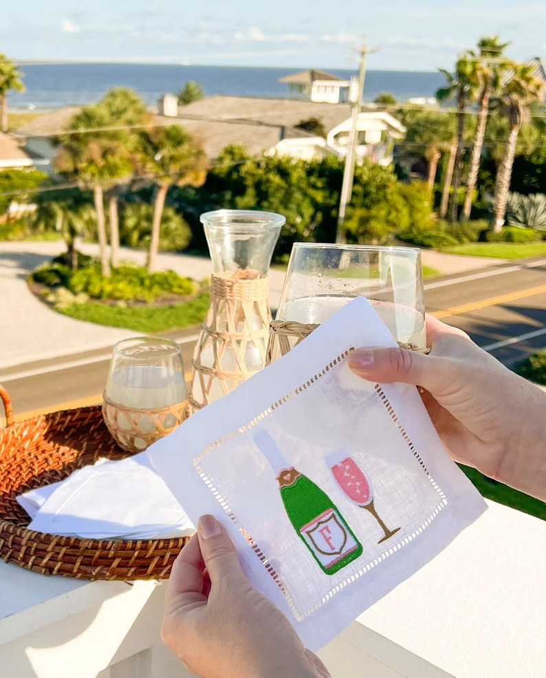 Champagne Cocktail Napkins | Champagne Embroidered Napkins | Hostess Gift | Monogrammed Champagne... | Etsy (US)