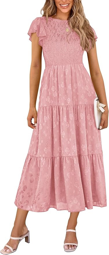 PRETTYGARDEN Midi Dresses for Women 2026 Summer Floral Cap Sleeve Smocked A Line Long Elegant Spr... | Amazon (US)