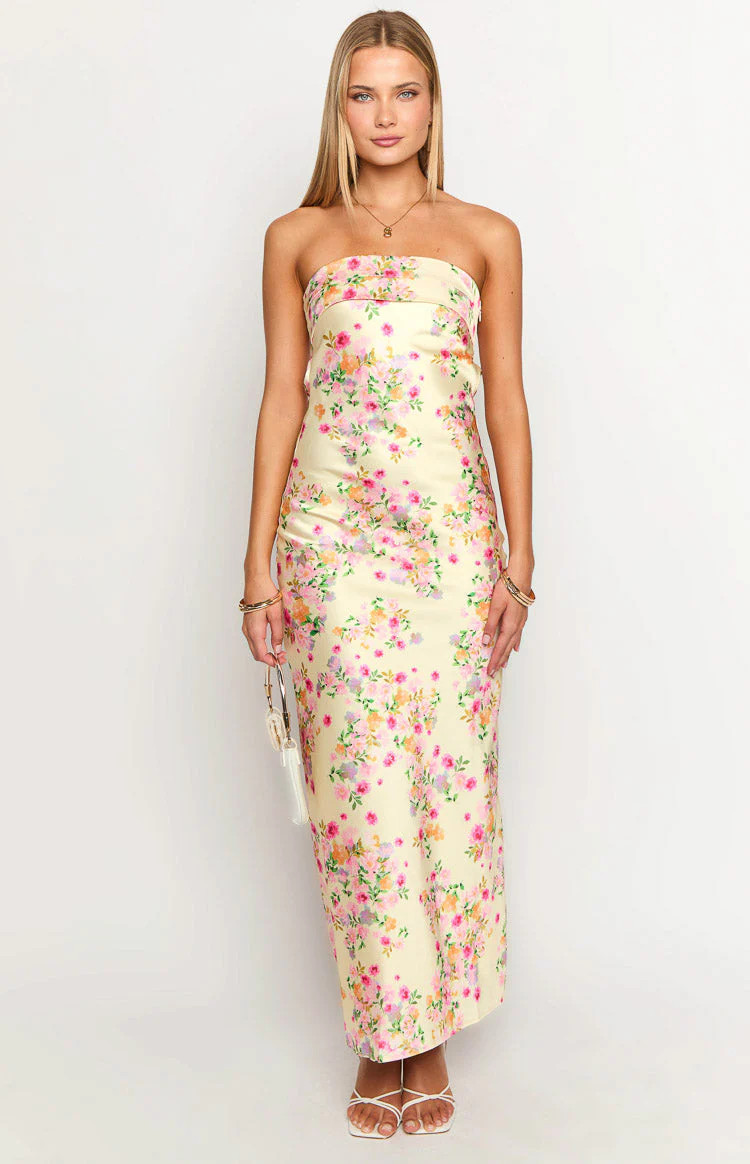 Maiah Yellow Bloom Maxi Dress | Beginning Boutique (US)