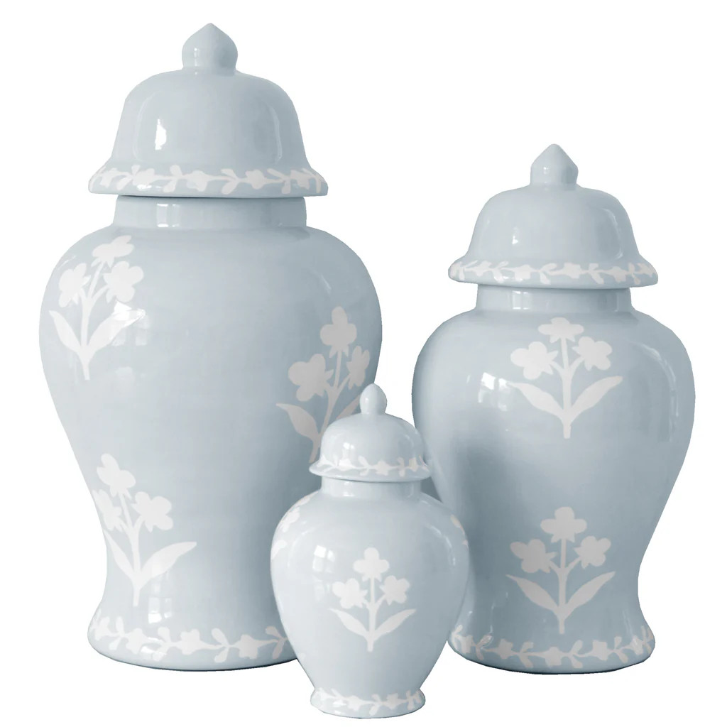Floral Block Print Ginger Jars in Hydrangea Light Blue | Lo Home by Lauren Haskell Designs