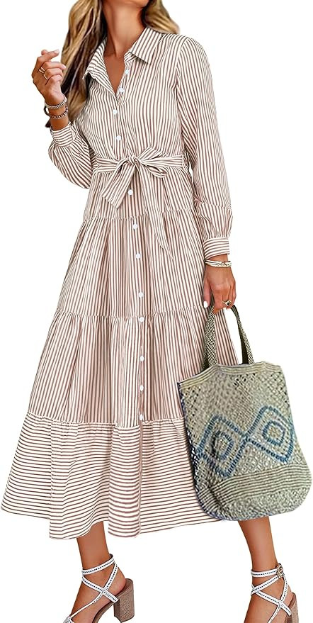 Caracilia Women Long Sleeve Maxi Dress 2025 Spring Casual Button Down Striped Plaid Tie Waist Shi... | Amazon (US)