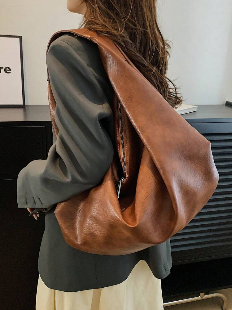 Large Retro Style Hobo Bag Large Capacity PU Tote Bag Women's Casual Shoulder Bag Armpit Bag With Zipper,Suitable For Shopping,Commuting,Work And School,Suitable For College Students,White-Collar Workers And Rookies, Minimalist Style Women Bag, Vintage Bag For Women | SHEIN