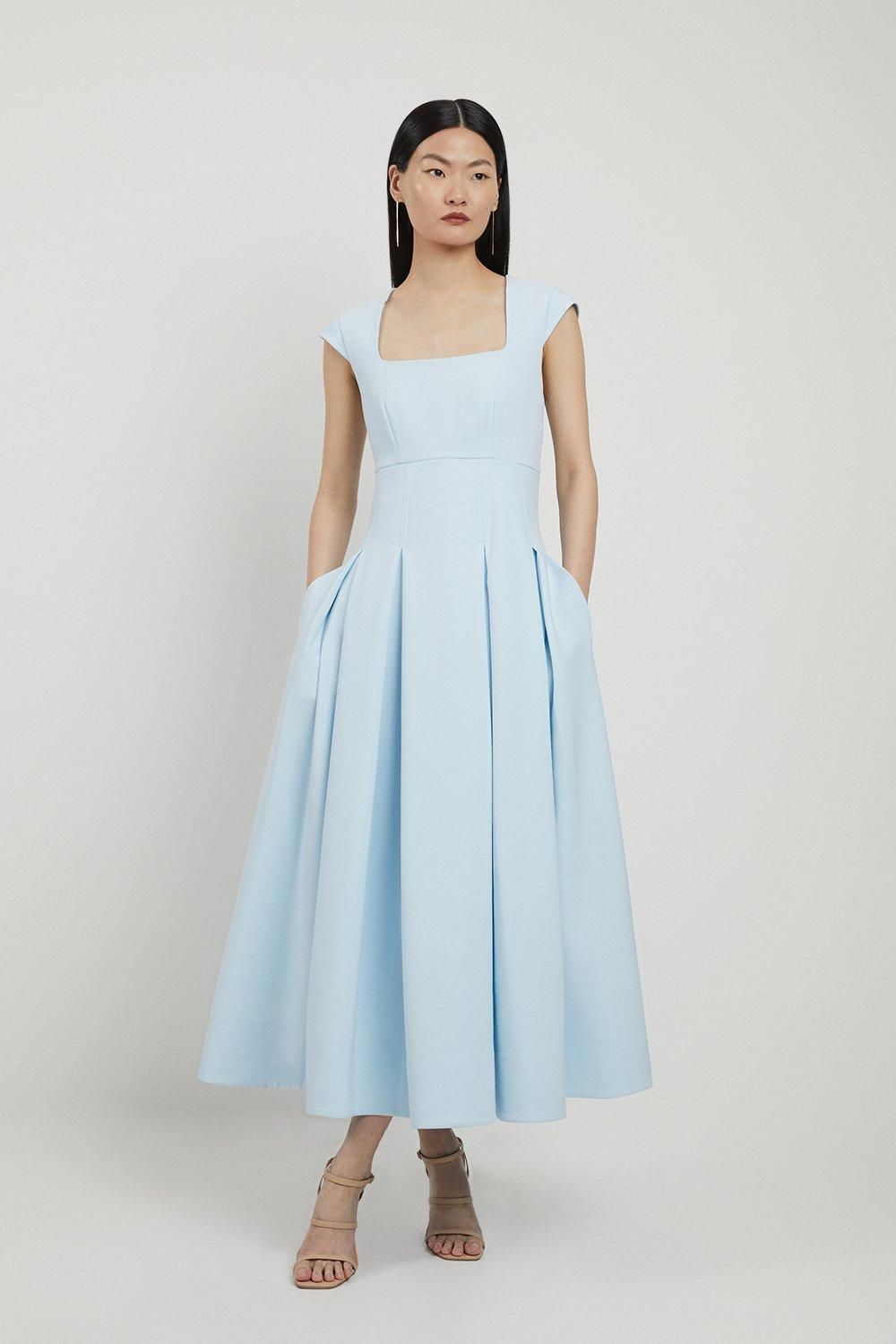 Clean Tailored Square Neck Full Skirted Midi Dress | Karen Millen US