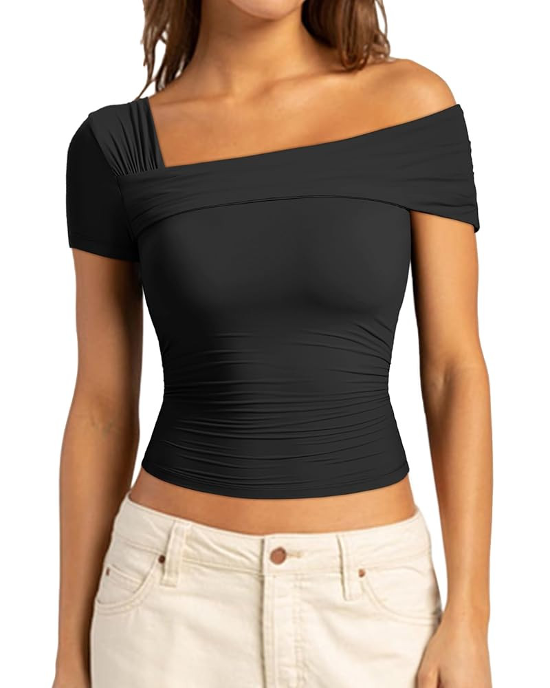 SUUKSESS Women One Off The Shoulder Summer Tank Tops Ruched Short Sleeve Shirts | Amazon (US)