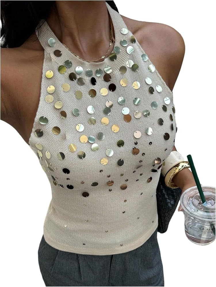 Verdusa Women's Y2K Sparkly Sequin Halter Top Open Back Sleeveless Night Out Fitted Tops | Amazon (US)