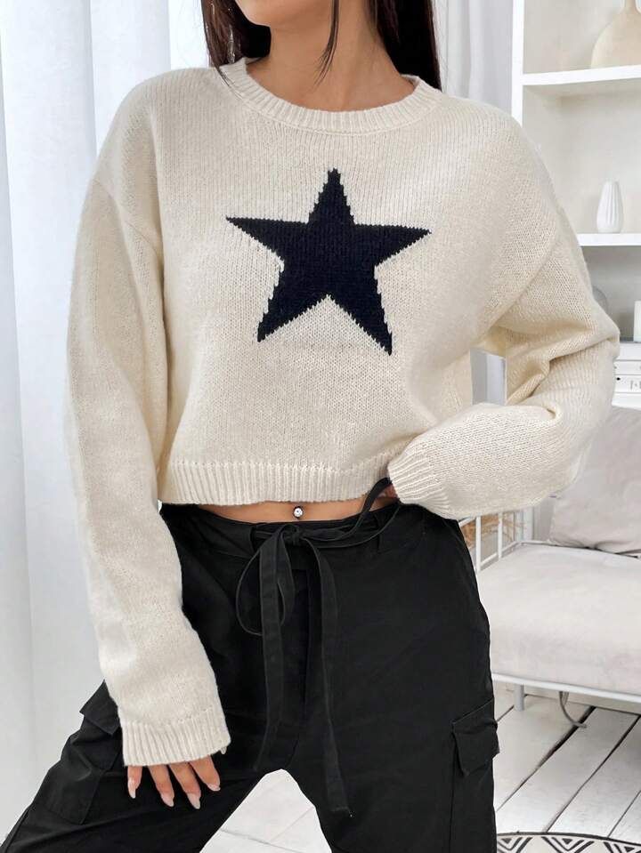 SHEIN EZwear Star Pattern Drop Shoulder Crop Sweater | SHEIN