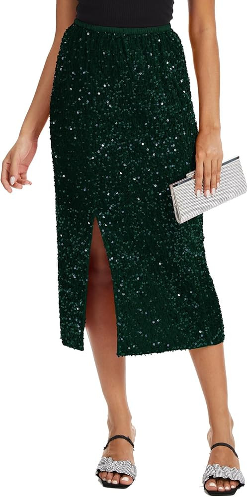 Women's Sequin Velvet Midi Skirt Elastic High Waist Night Out Split Hem Party Skirts | Amazon (US)