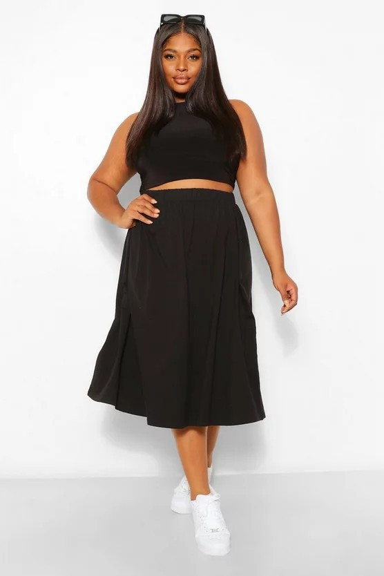 Plus Cotton Basic Midi Skater Skirt | Boohoo.com (US & CA)