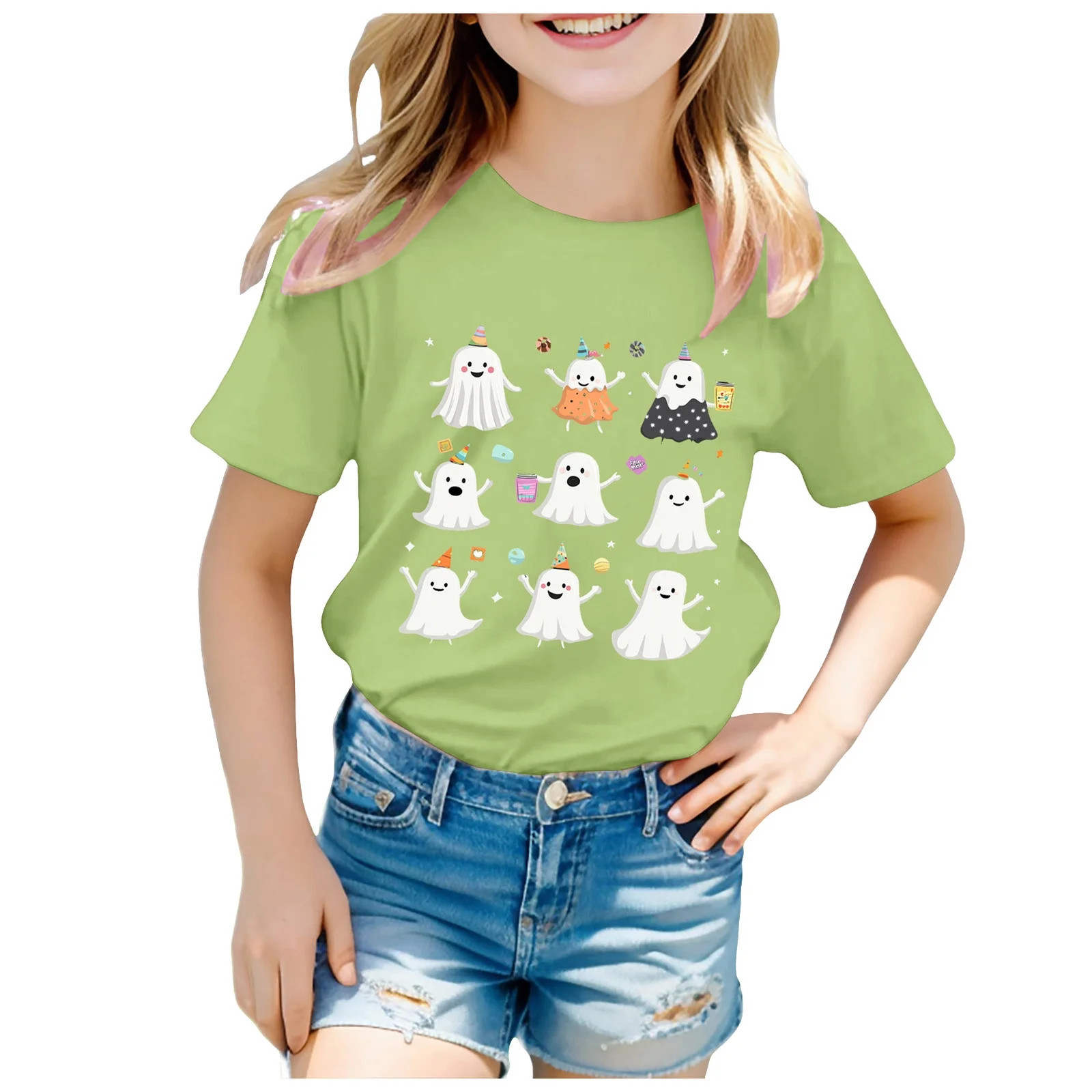 Hessimy Halloween T-Shirt for Girls Retro Spooky Cotton Short Sleeve Tee（Light Green，120） | Walmart (US)