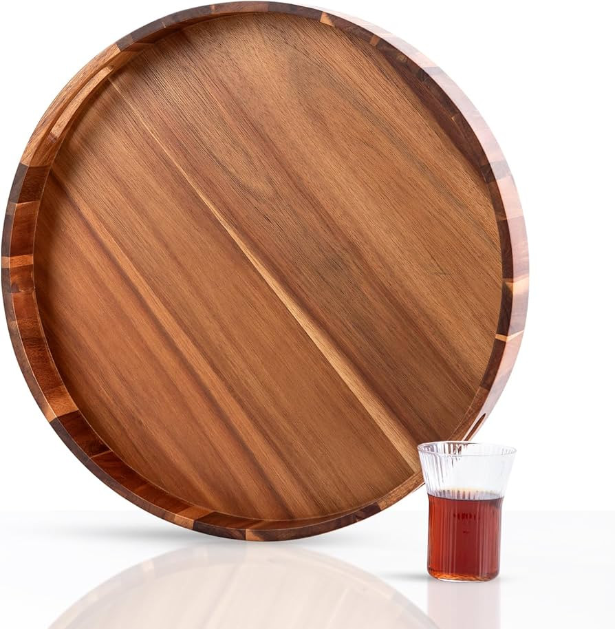 20 Inches Wood Serving Tray, Large Ottoman Tray, Acacia Round Tray, Wooden Tray with Handles for ... | Amazon (US)