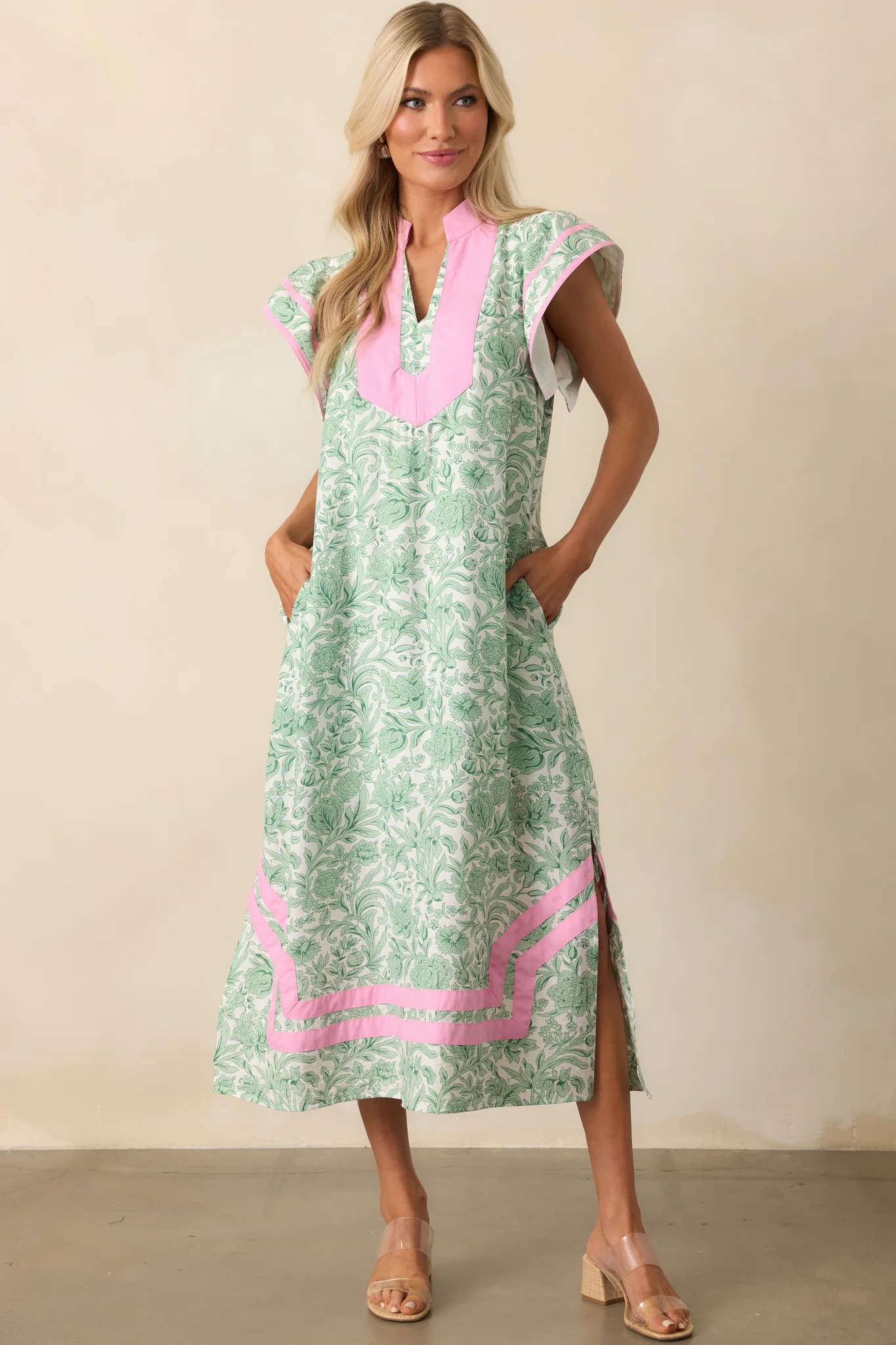 Believe In Yourself Green Floral Rayon Kaftan Maxi Dress | Red Dress