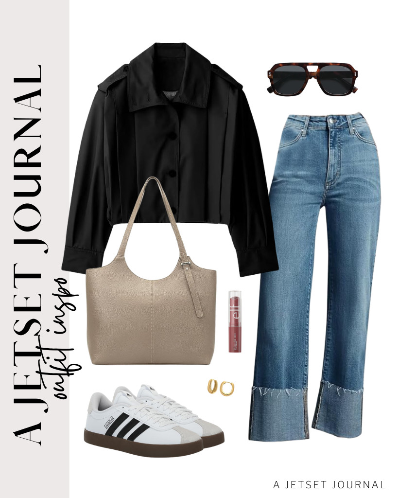 The next outfit is a classy pair of a black pleated jacket and wide-leg jeans. I styled it with Adidas VL court sneakers and a leather tote bag. Adding a SOJOS polarized aviator sunglasses and MILLA huggie hoop earrings made this look stunning! 

 #LTKSeasonal #LTKSaleAlert #LTKTravel