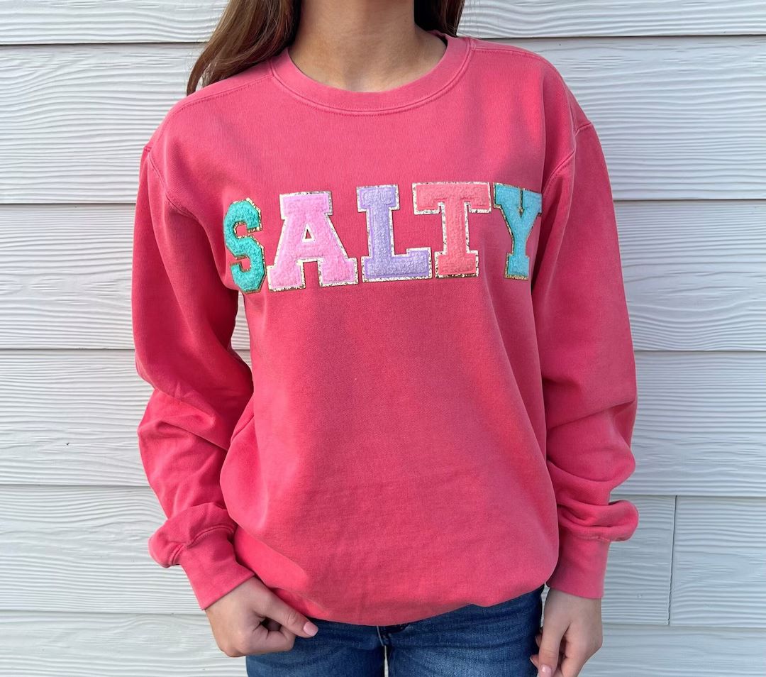 SALTY Sweatshirt, Summer Sweatshirt, BEACH Sweatshirt, Letter Patch Sweatshirt, Chenille Letter S... | Etsy (US)