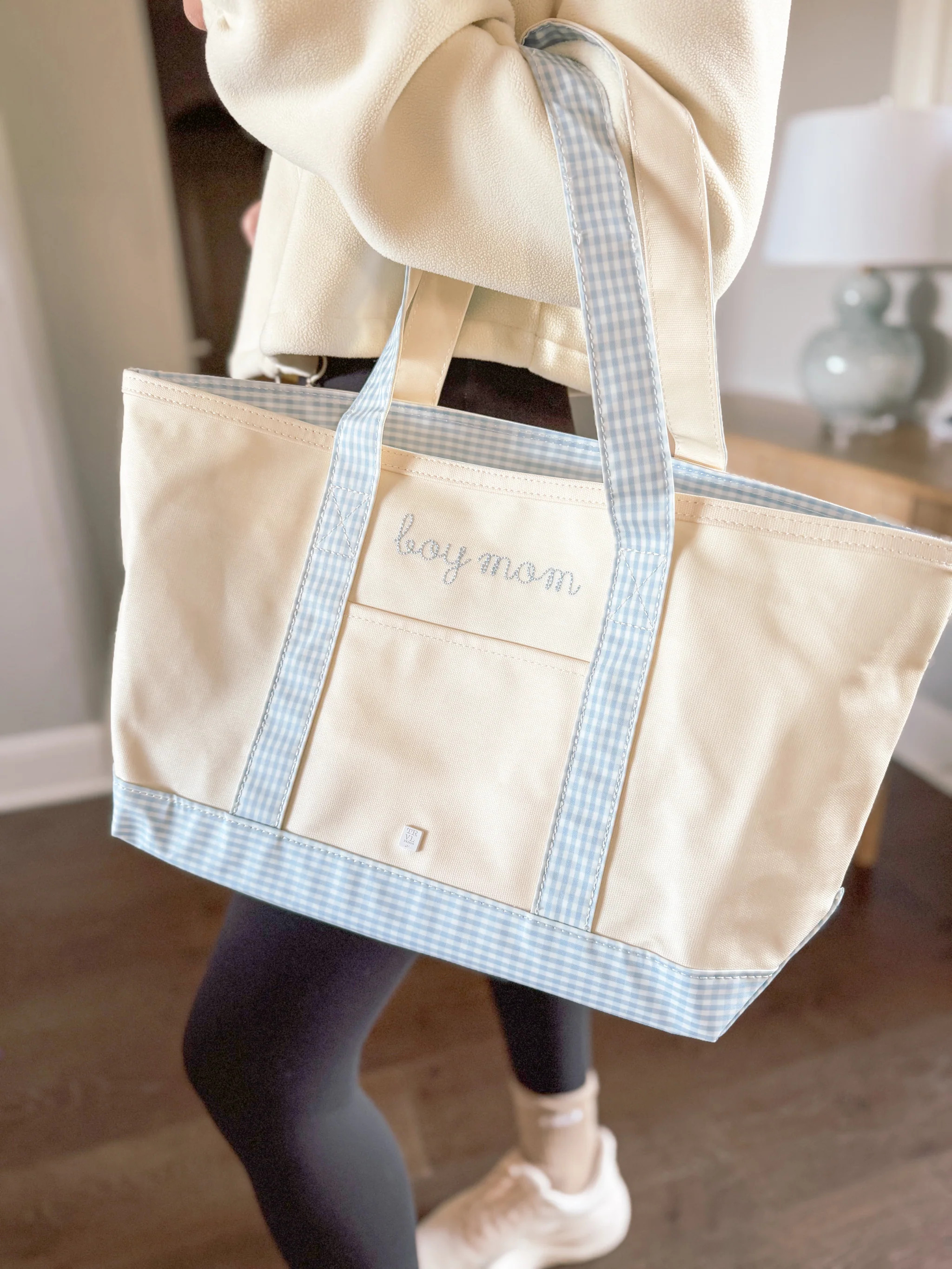 Gingham Mist Trim “Boy Mom” Medium Tote | Morrow and Main