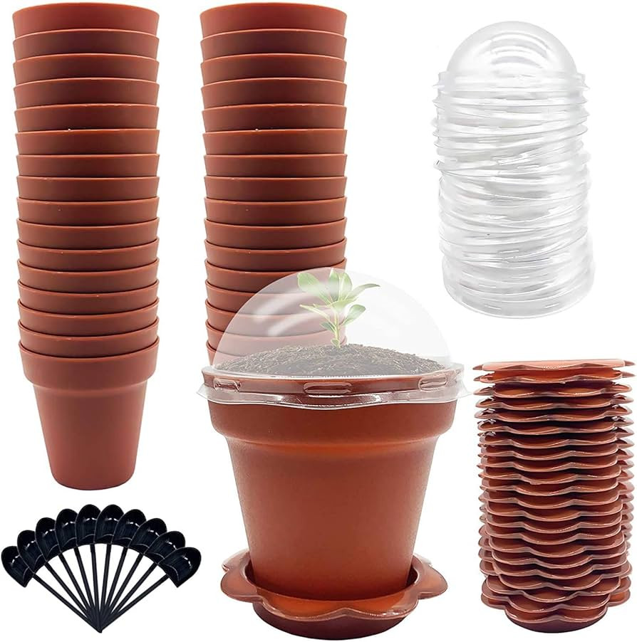 30 Pack Cupcake Plant Nursery Pots with Humidity Dome- Small Plastic Flower Pots with Saucers and... | Amazon (US)
