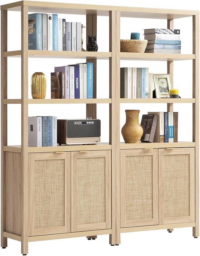 SICOTAS Bookshelf 5 Tier Book Shelf Rattan Boho 71" Tall Bookcase with Doors Storage Shelves Larg... | Amazon (US)