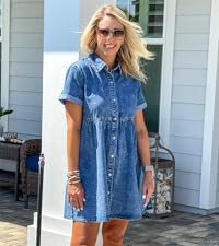 LookbookStore Women's Short Sleeve Button Down Flowy Tiered Babydoll Denim Dress | Amazon (US)