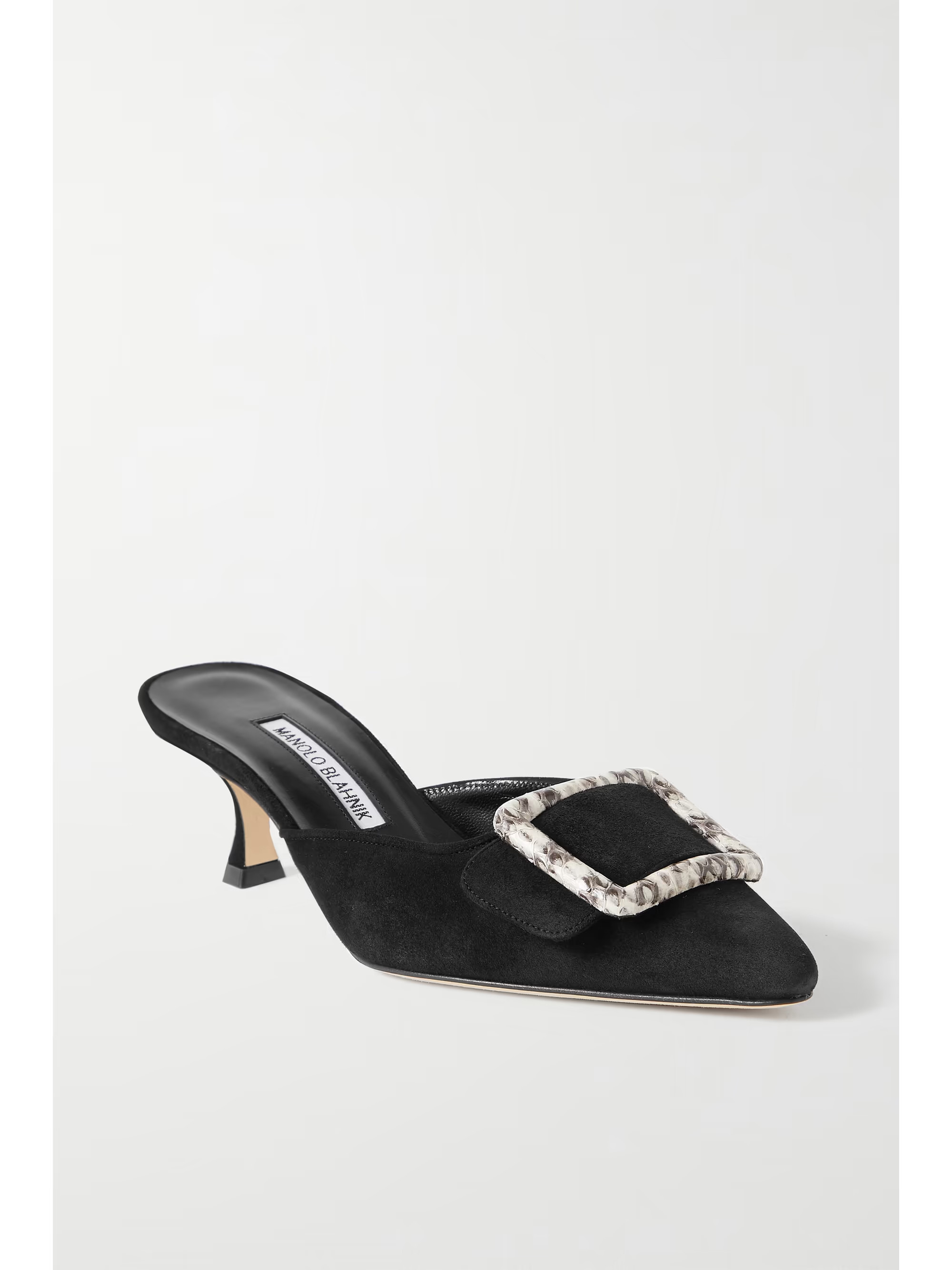 Black Maysalebi 50 buckled elaphe and suede mules | MANOLO BLAHNIK | NET-A-PORTER | NET-A-PORTER (US)