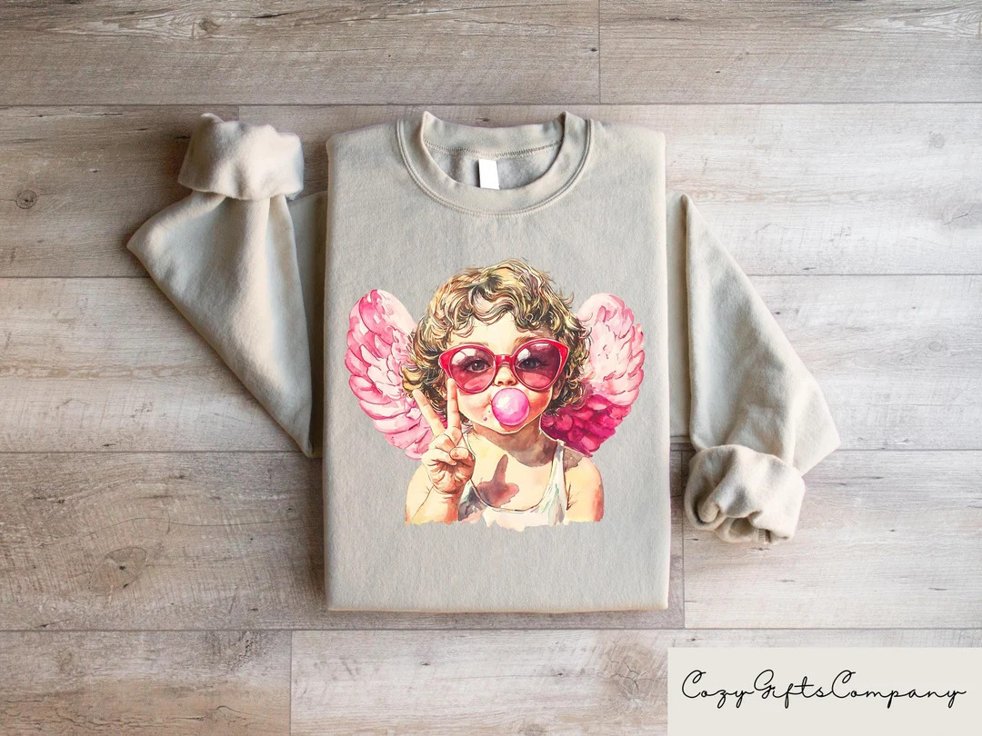 Retro Cupid Sweatshirt, Aesthetic Valentines Day Blowing Bubble Cupid Shirt, Valentines Day Sweat... | Etsy (US)