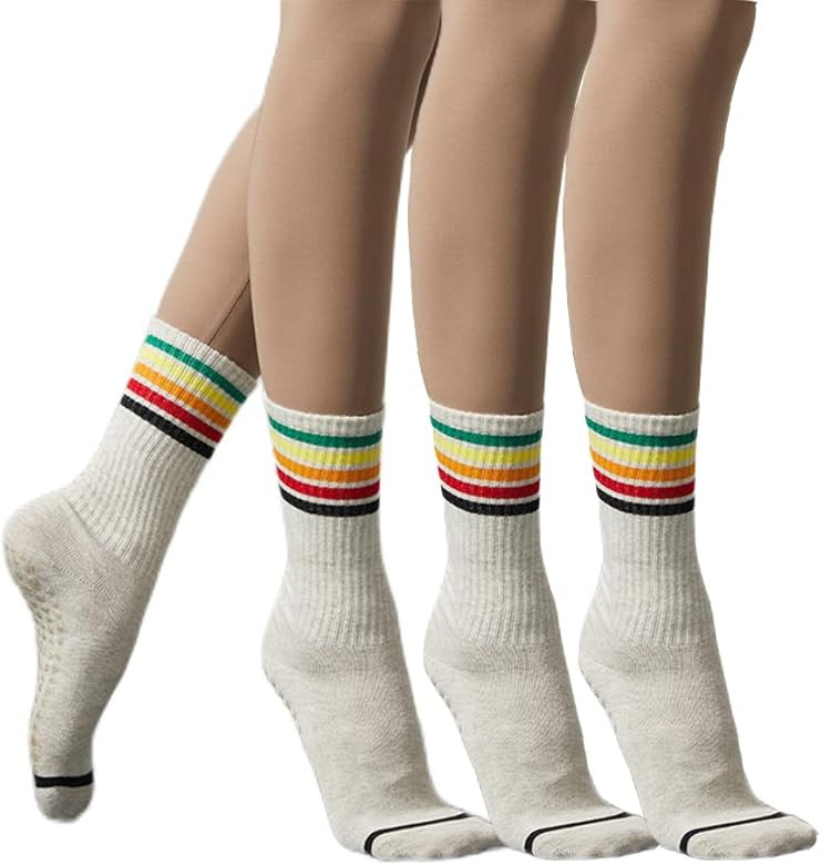 Non Slip Yoga Socks with Grippers for Women Hospital Socks 3-Pack Athletic Grippy Crew Sock for Pila | Amazon (US)