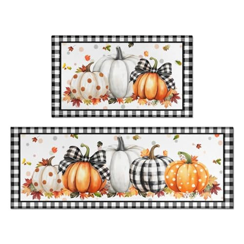 ysnifeiw Fall Kitchen Mats Set of 2, Blue Hello Pumpkin Kitchen Rugs for Floor and Door Mat Autumn Harvest Thanksgiving Home Decorations - 17x30 and 17x47 Inch | Amazon (US)
