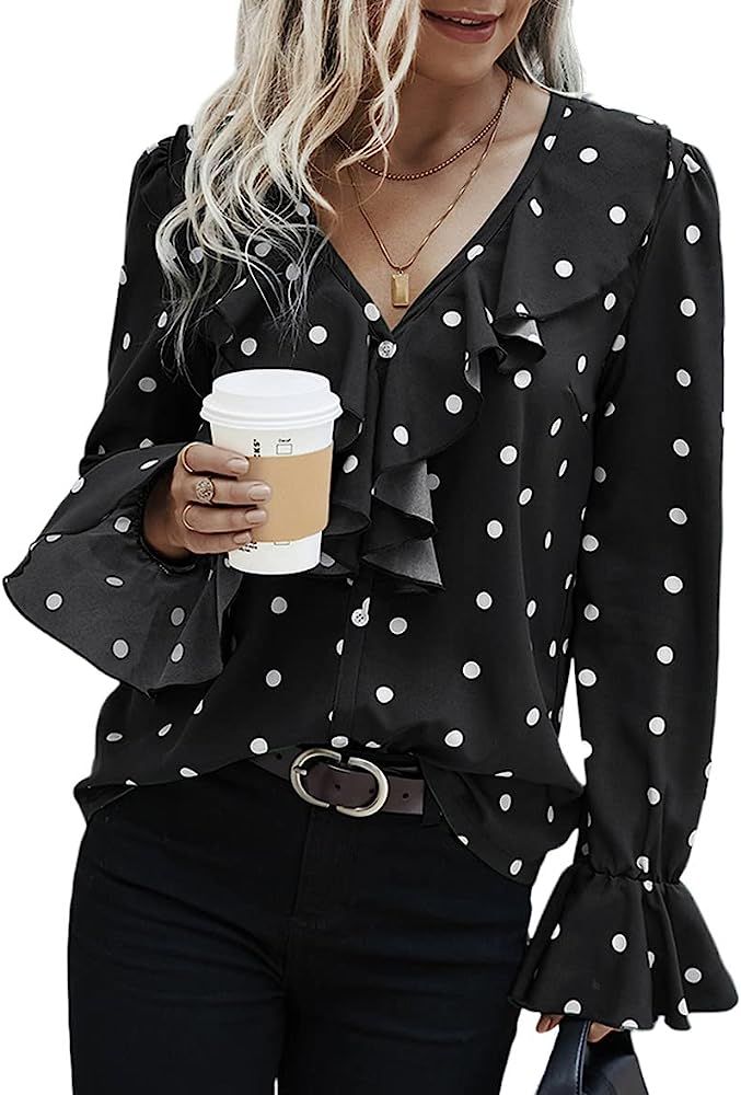 Women's Long Sleeve Work Shirt Polka Dots V Neck Chiffon Blouse Lotus Ruffled Office Button Tops ... | Amazon (US)