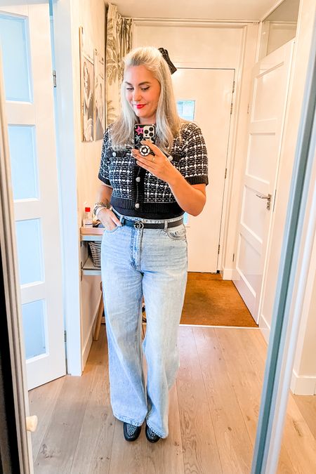 Tweed style cardigan (L) over a black tanktop (M) paired with wide legged high waisted jeans (ly, Terstal), GG belt and studded loafers (really old).

#LTKmidsize #LTKover40 #LTKstyletip