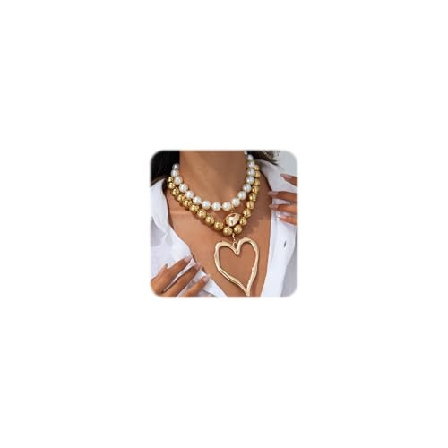 Chunky Heart Necklace for Women,Y2k Large Pearl Beads Heart Choker Necklaces Exaggerated Big Hollow Love Pendant Necklace Dainty Statement Jewelry Gift (3-gold) | Amazon (US)