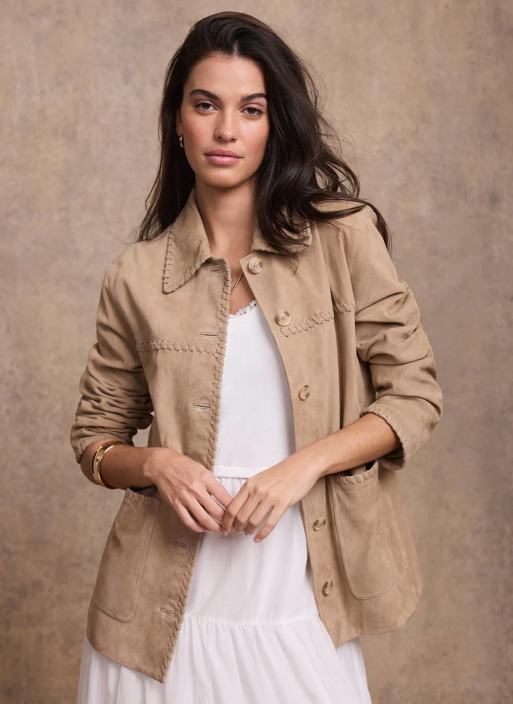 Neutral Suede Stitch Shacket | Mint Velvet