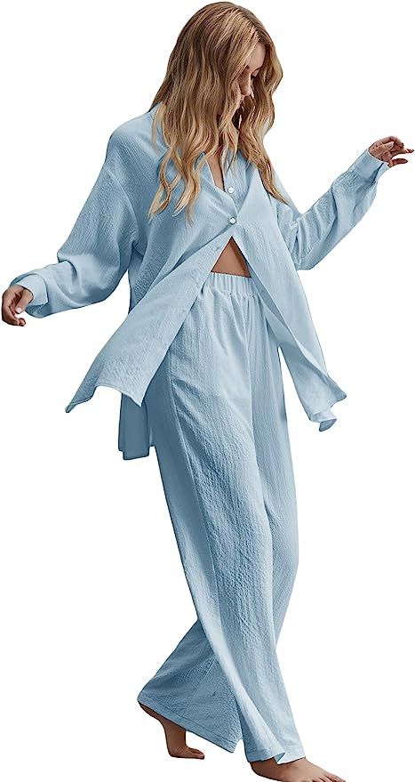 Floerns Women's 2 Piece Outfits Slit Hem Longline Blouse and Wide Leg Pants Set | Amazon (US)